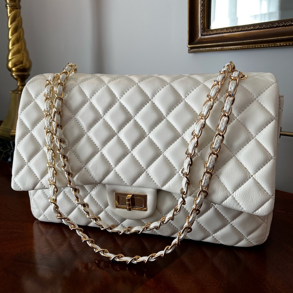 Ainifeel “Chanel Style” 35CM White Calfskin Leather Handbag. New Without Tags